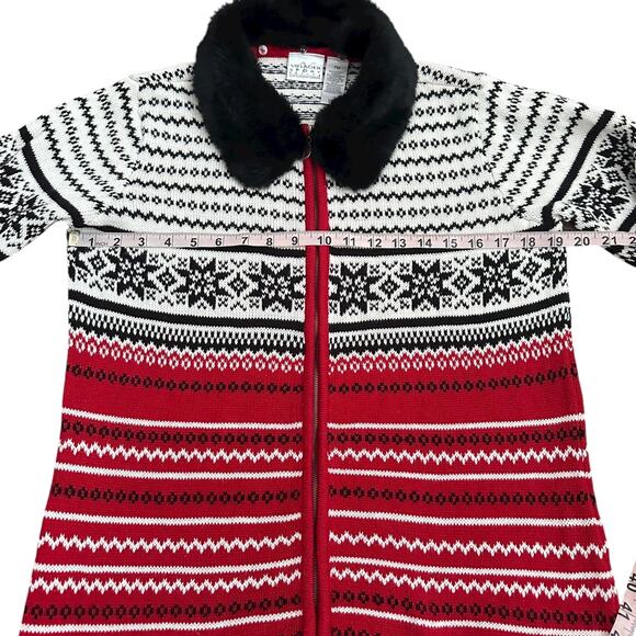 Vtg Villager Sport Petite M Fair Isle Sweater Faux Fur Collar Full Zip Holiday - Picture 4 of 10